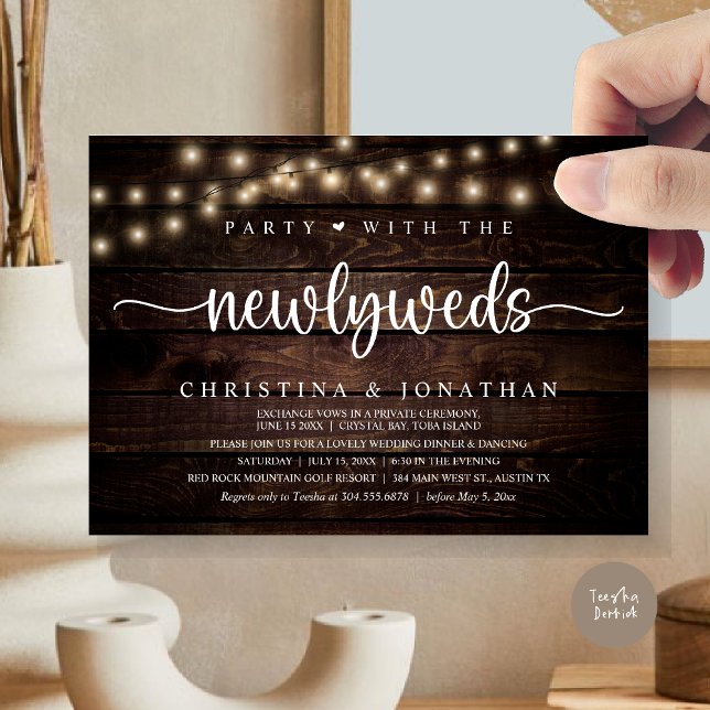 Party mit den Neugierigen, rustikales Hochzeitsess Einladung (Party With The Newlyweds, Rustic Wedding Dinner Invitation card, pdf, in cottage dark wood)