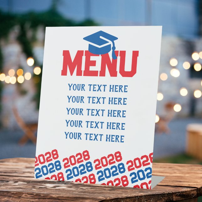 Party mit Red & Blue Abschluss Sockelschild (Red, Blue and White Graduation Cap Class Year Menu Pedestal Table Sign)