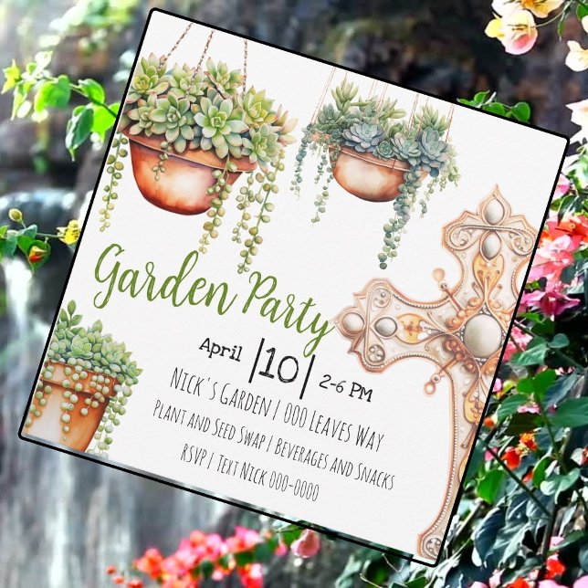 Party mit Sukkulenten und Gartendekoration Einladung (Customize your garden party invitations with succulents and garden decor on the front )
