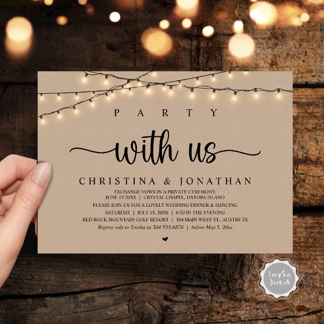 Party mit uns, rustikale Hochzeitsfeier Einladung (Party with us, Rustic Wedding Dinner Elopement Invitation Card, PDF, String Lights Brown Kraft)