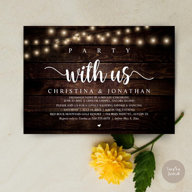 Party mit uns, rustikale Hochzeitsfeier Einladung (Party with us, Rustic Wedding Dinner Elopement Invitation card, pdf, in cottage dark wood)