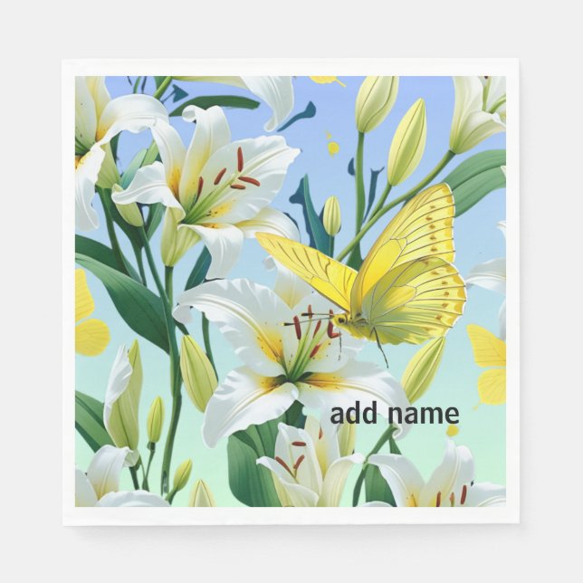Party Napkins White Lily Yellow Butterfly Serviette (Vorderseite)