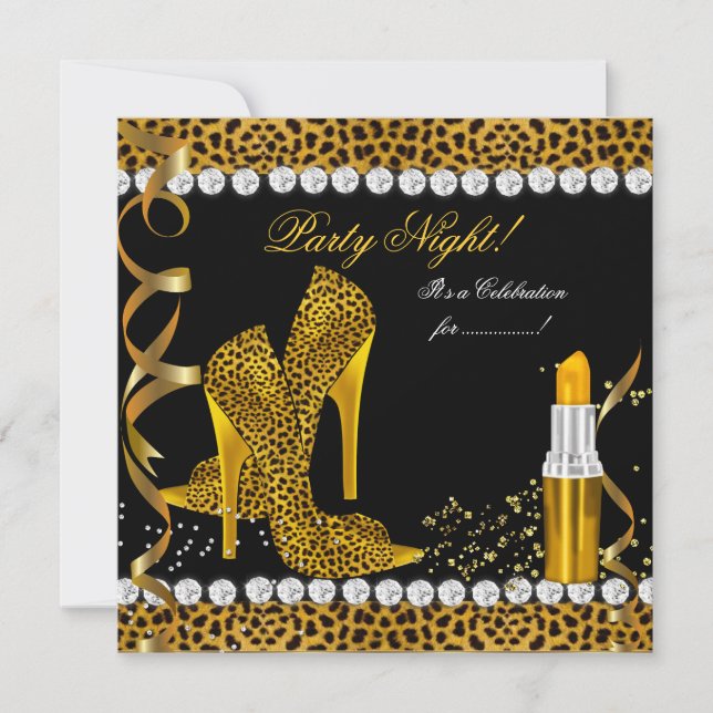 Party Night Glitzer Gold Black Leopard Shoes Einladung (Vorderseite)