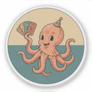 Party-Oktopus mit Karnevalstickets - Retro-Spaß Aufkleber