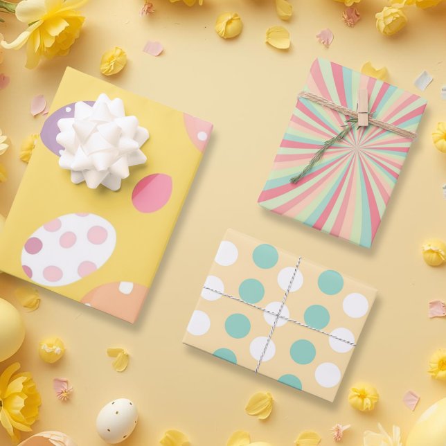 Party Ostereier Set von 3 Geschenkpapier Set (Easter Egg Party Colorful Yellow & Pastel Wrapping Paper Sheets)