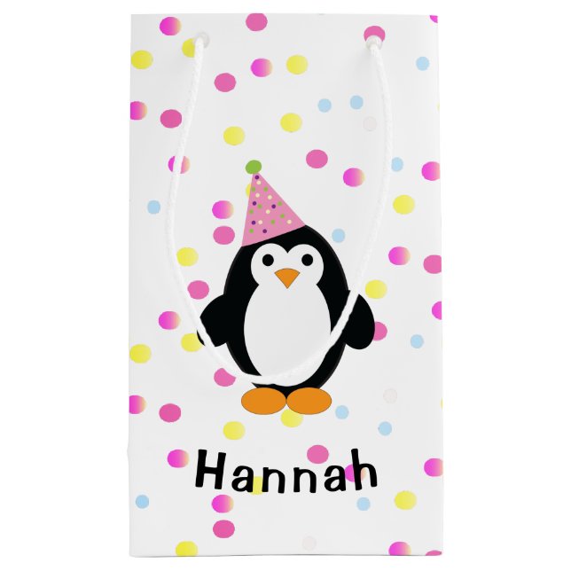 Party Pinguin mit Confetti Hintergrund Kleine Geschenktüte (Rückseite)