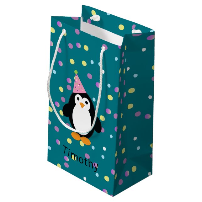 Party Pinguin mit Confetti Hintergrund Kleine Geschenktüte (Rückseite Schrägansicht)