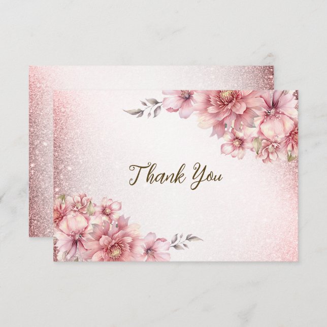 Party Pink Aquarell Blume Shiny Glitzer Moderne Dankeskarte (Vorne/Hinten)