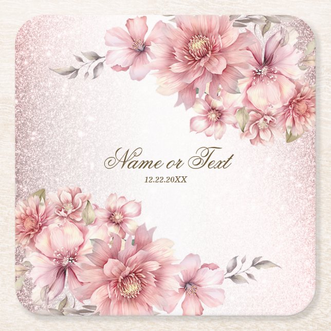 Party Pink Aquarell Blume Shiny Glitzer Moderne Rechteckiger Pappuntersetzer (Vorderseite)