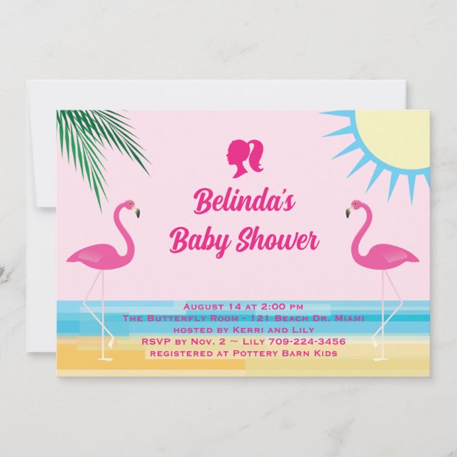 Party Pink Tropical Beach Baby Dusche Einladung (Vorderseite)