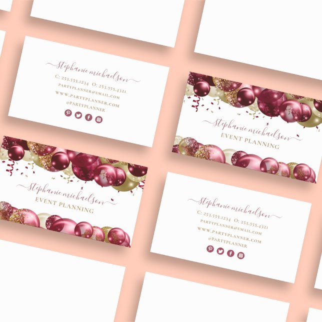 Party Planner Burgundy Gold Ballon Visitenkarte (Party Planner Burgundy Gold Balloon Business Card)