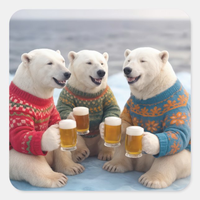 Party Polar Bears Wearing Christmas Ugly Sweaters Quadratischer Aufkleber (Vorderseite)
