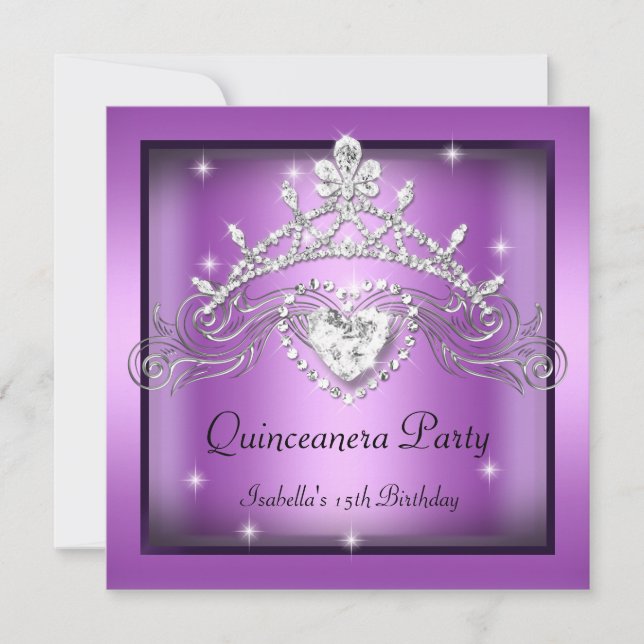 Party Quinceanera 15. Silver Lila Tiara Einladung (Vorderseite)