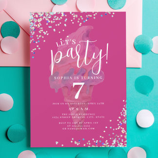 Party Rainbow Hot Pink Ice Cream Geburtstag Einladung