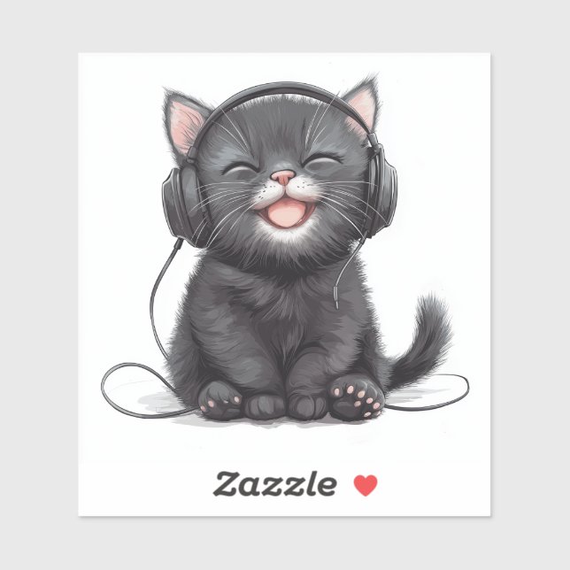 Party-Ready Black Kitten mit Kopfhöreraufkleber Aufkleber (Blatt)