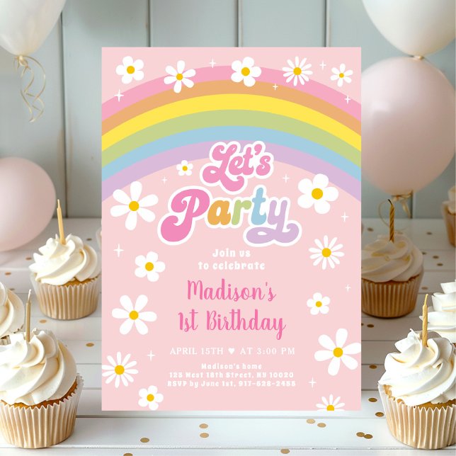 Party Retro Daisy Rainbow Birthday Einladung (Von Creator hochgeladen)
