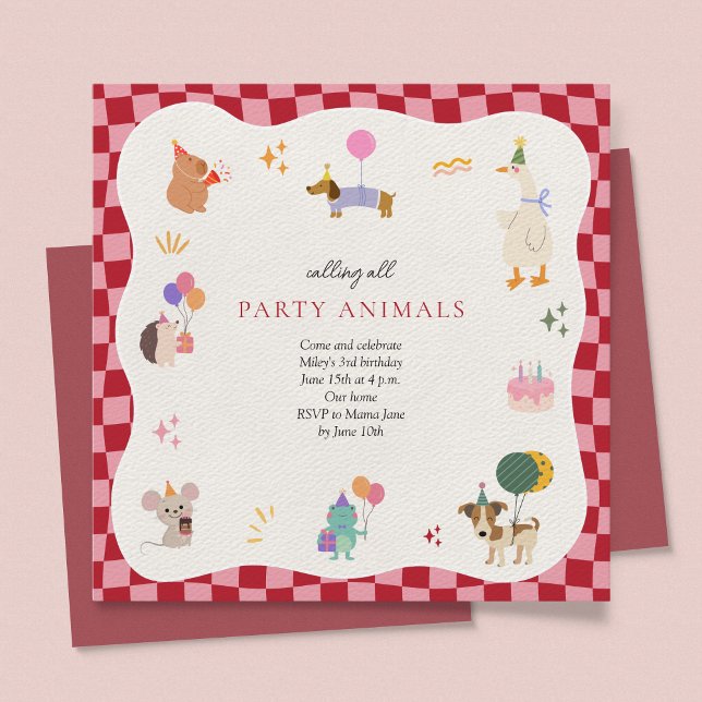 Party Retro Minimalistisch Geburtstag Einladung (Calling All Party Animals Birthday Invitation Retro Minimalist Zoo Animals Safari Jungle Cute)