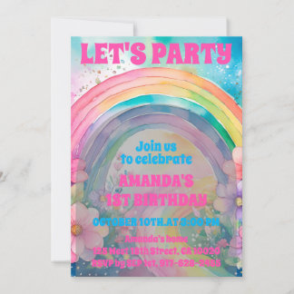 Party Retro Pastel Rainbow Blume Geburtstag Einladung