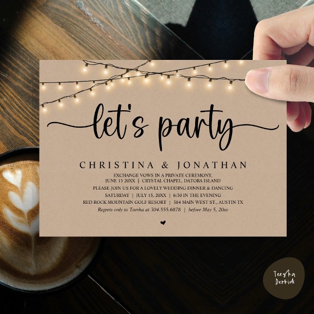 Party, rustikales Hochzeitessen Einladung (Let's party, Rustic Wedding Dinner Elopement Invitation Card, PDF, String Lights Brown Kraft)