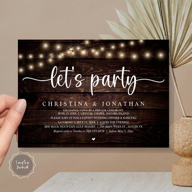 Party, rustikales Hochzeitessen Einladung (Let's party, Rustic Wedding Dinner Elopement Invitation card, pdf, in cottage dark wood)