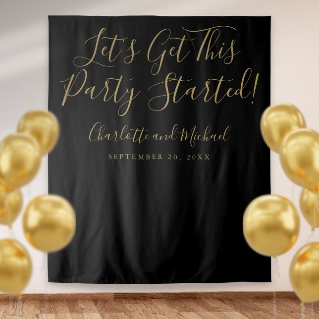 Party startete Script Black Gold Foto Hintergrund Wandteppich (Party Started Script Black Gold Photo Backdrop)