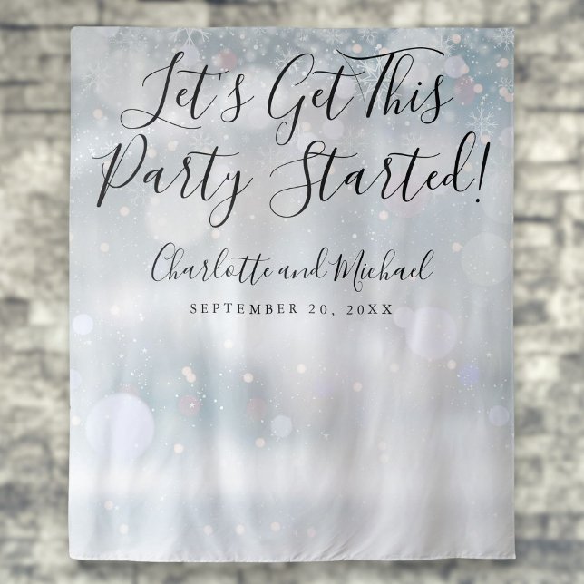 Party startete Script Winter Snowflakes Foto Stand Wandteppich (Party Started Script Winter Snowflakes Photo Booth Tapestry)