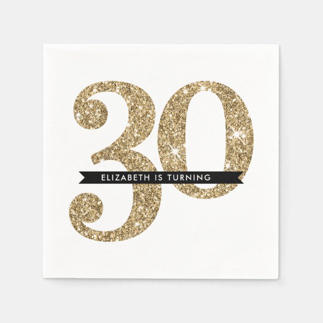 PARTY TABLE LARGE AGE Moderne 30 Gold Glitzer Serviette (Vorderseite)