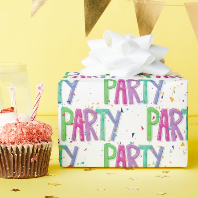 Party Text und Confetti auf Weiß Geschenkpapier (Geburtstagsparty)