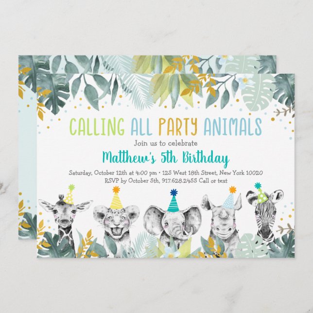 Party Tiere Blue Gold Safari Geburtstag Einladung (Vorne/Hinten)