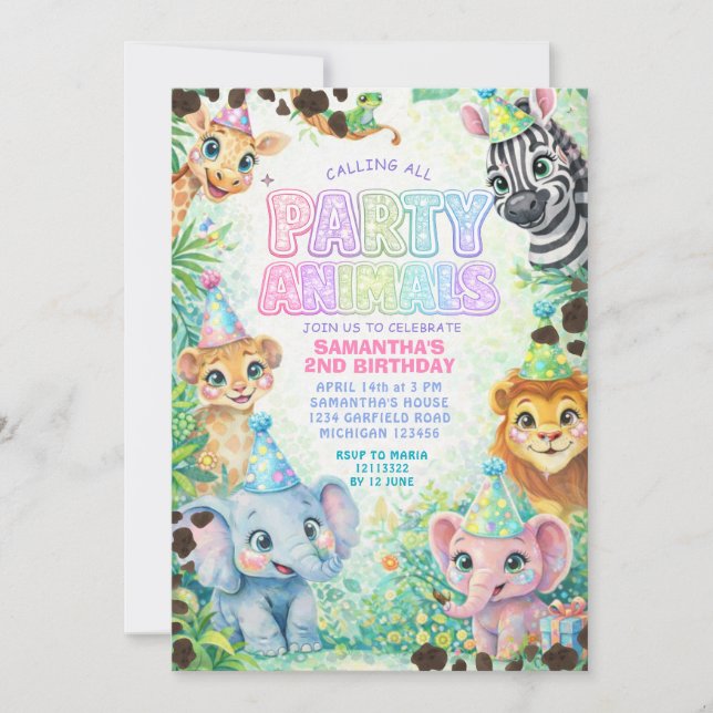 Party-Tiere Geburtstag Bunt Regenbogen  Einladung (Vorderseite)