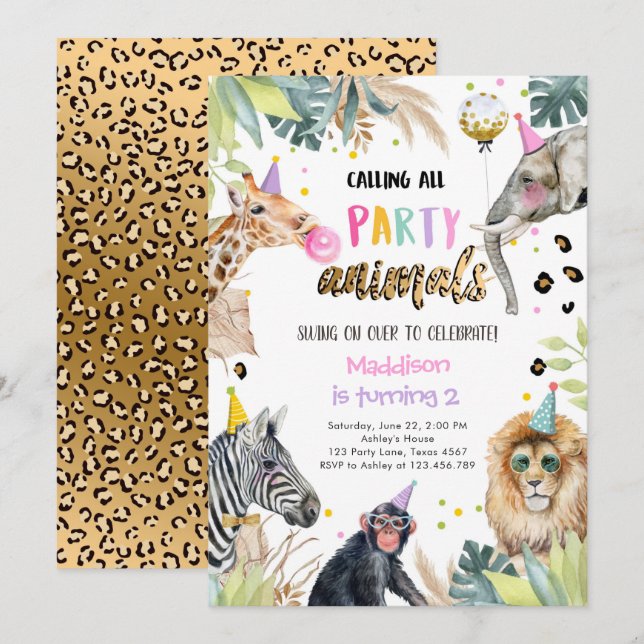Party Tiere Girl Safari Geburtstag Leopard Zoo Einladung (Vorne/Hinten)