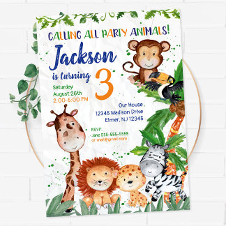 Party-Tiere Junge Safari Zoo-Party Geburtstag Einladung