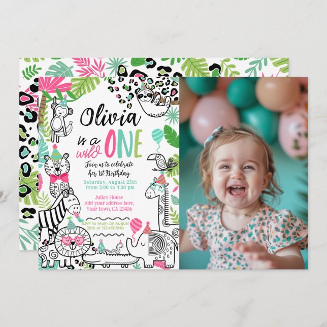 Party Tiere, Jungle Safari 1. Geburtstag Einladung (Vorne/Hinten)