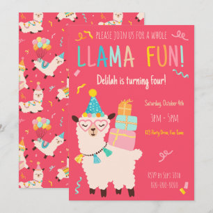 Party-Tiere Lama Geburtstagsmädchen Rosa Einladung