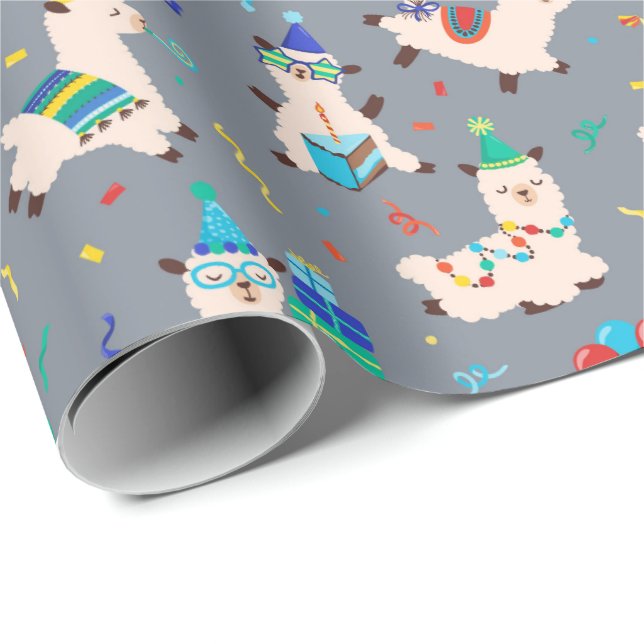 Party-Tiere Llama Geburtstagsfeier Grau Geschenkpapier (Rolleneckpunkt)