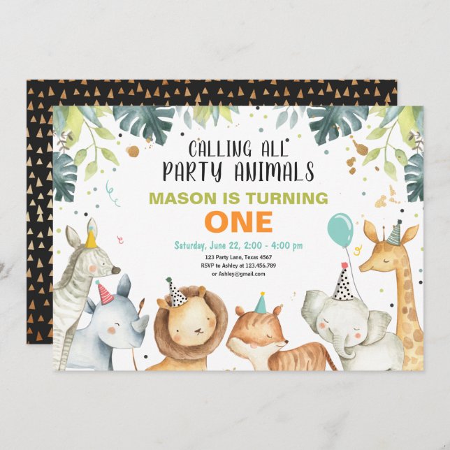 Party Tiere Safari Gold Boy Tiere Geburtstag Einladung (Vorne/Hinten)