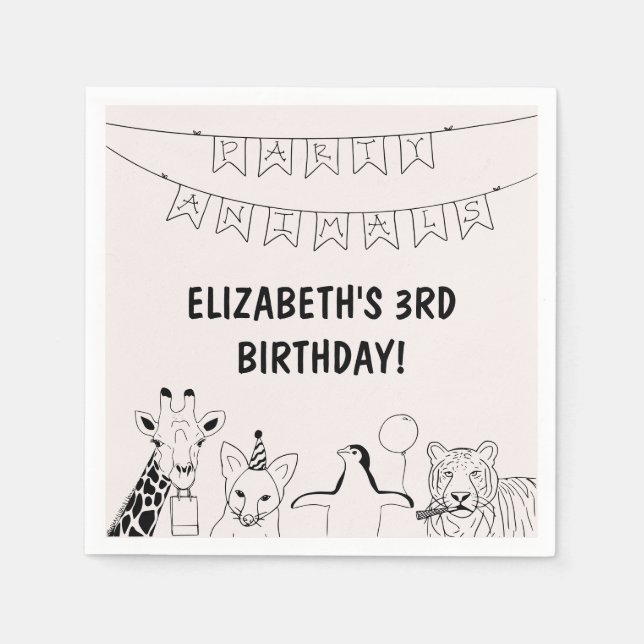 Party Tiere von Hand gezogene Doodle Kind Geburtst Serviette (Vorderseite)
