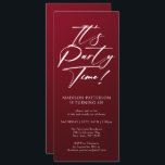 Party Time 40. Geburtstag Party Einfache Eleganz Einladung<br><div class="desc">Es ist Party Time 40th 40th Birthday Party Simple Elegant Invitation Invite bietet ein minimalistisches Design mit dem Text "It's Party Time!" in modernen weißen Kalligraphieskripttypografie und personalisiert unten mit Ihrem eigenen Text. Schriftart und Farbe können mit einem bordeauxroten Hintergrund bearbeitet werden. Entworfen von © Evco Studio www.zazzle.com/store/evcostudio</div>