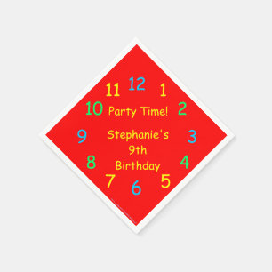Party Time, 9. Geburtstag, Rote Uhr, Name, Papier Serviette