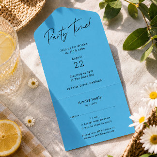 Party Time | Blue Modern Minimalistisch Fun Geburt All In One Einladung