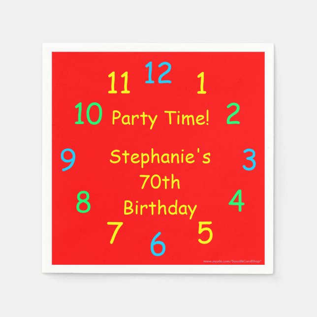 Party Time Clock 70. Geburtstag, Rot, Name, Papier Serviette (Vorderseite)
