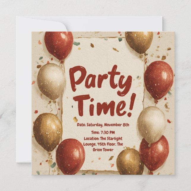 "Party Time" mit Balloons und Confetti Einladung (Vorderseite)