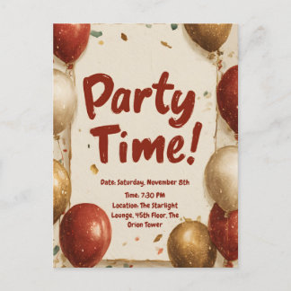 "Party Time" mit Balloons und Confetti Einladungspostkarte