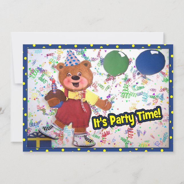 Party Time Teddy Bear Custom Einladung (Vorderseite)