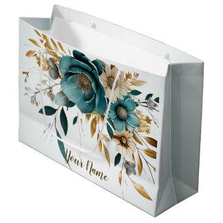 Party Türkis Weiße Blume Golden Blätter Elegant Große Geschenktüte