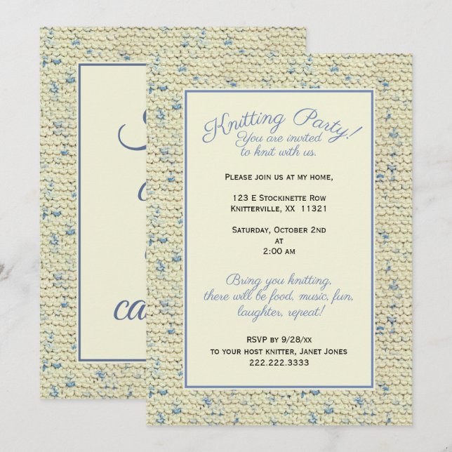Party - Tweed Pattern Blau/Naturgarn Einladung (Vorne/Hinten)