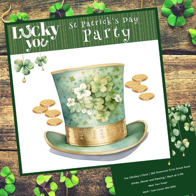Party von Leprechaun-Hut- und Goldmünzen Einladung (Lucky you St Patrick's Day Irish top hat customizable party invitation in green and gold. )