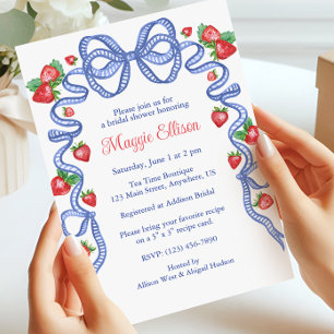 Party "Watercolor Blue Bows & Red Strawberries" Einladung