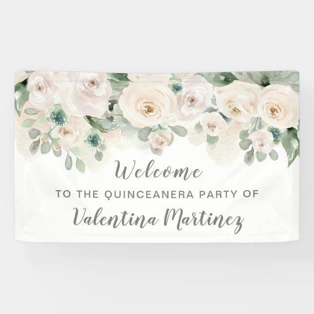 Party "White Pink Rose Quinceanera" Willkommen Banner (Horizontal)