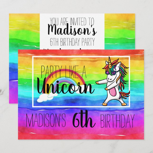 Party wie ein Einhorn farbenfrohe Einladung zum Ge (Vorne/Hinten)